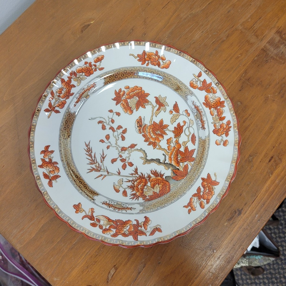 Spode India Tree Orange Rust, scallop‎ red trim 10 1/4" OLD STAMP dinner plate